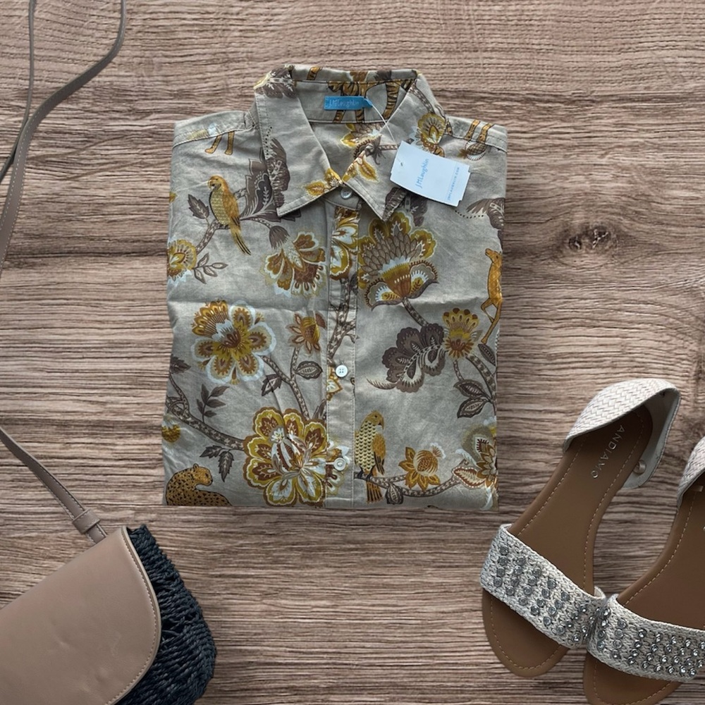 JMcLaughlin Tropical Floral Button-Up Long Sleeve Shirt With Collar - Picture 3 of 4